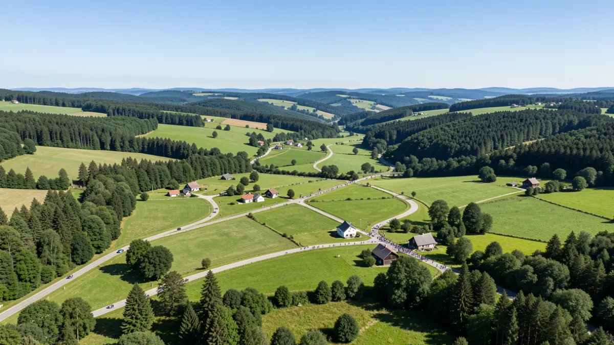 Aerial view of a network of rural roads winding through green Euskadi valleys and forests, connecting scattered farmhouses and natural areas, clear blue sky.