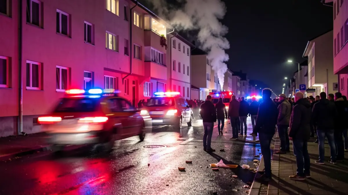 Una calle residencial de Euskadi por la noche, con luces de emergencia rojas y azules reflejándose en el asfalto mojado. Una columna de humo asciende desde la ventana de un tercer piso.