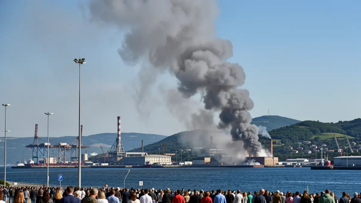 Una columna de humo gris elevándose sobre un área portuaria industrial, con la costa y colinas verdes al fondo bajo un cielo azul claro.