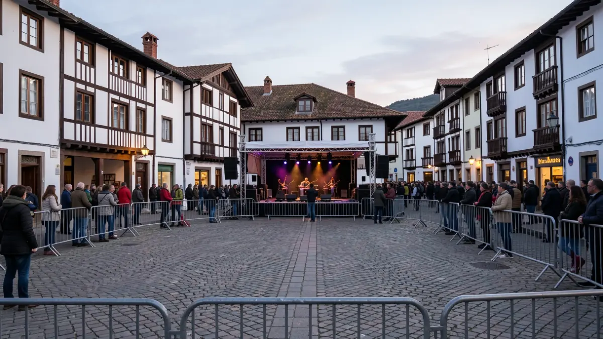 Generic image of a town square in Elgoibar with a concert stage, in the afternoon light.