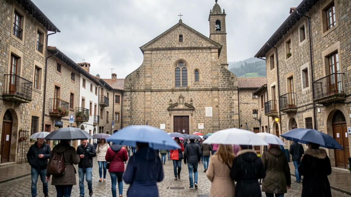 Imagen genérica: Plaza de Azkoitia con edificios de piedra y fachada de iglesia, bajo un cielo nublado con lluvia ligera.