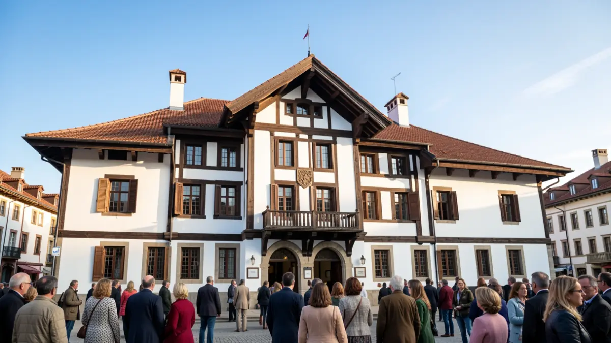 Facade of the Basque Government building, with traditional architecture, in daylight.