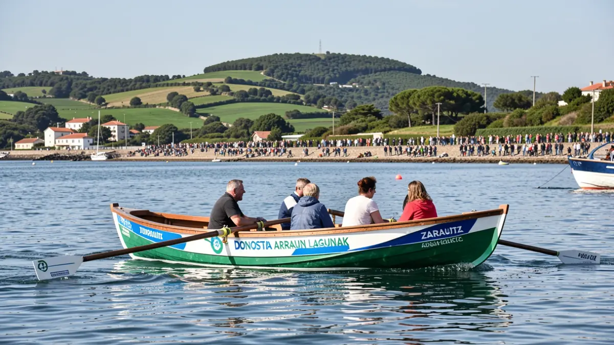 Donostia Arraun Lagunak taldeko arraun ontzia Zarauzko uretan, atzean zelai berdeak eta zeru urdina.