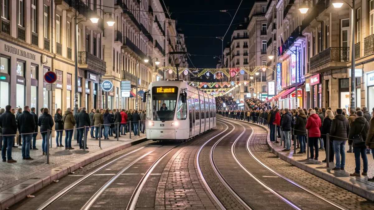 Night photograph of the tram during Bilbao's Aste Nagusia.