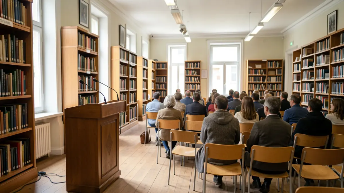 Imagen genérica de una sala de taller de biblioteca con estanterías, un podio y sillas vacías.