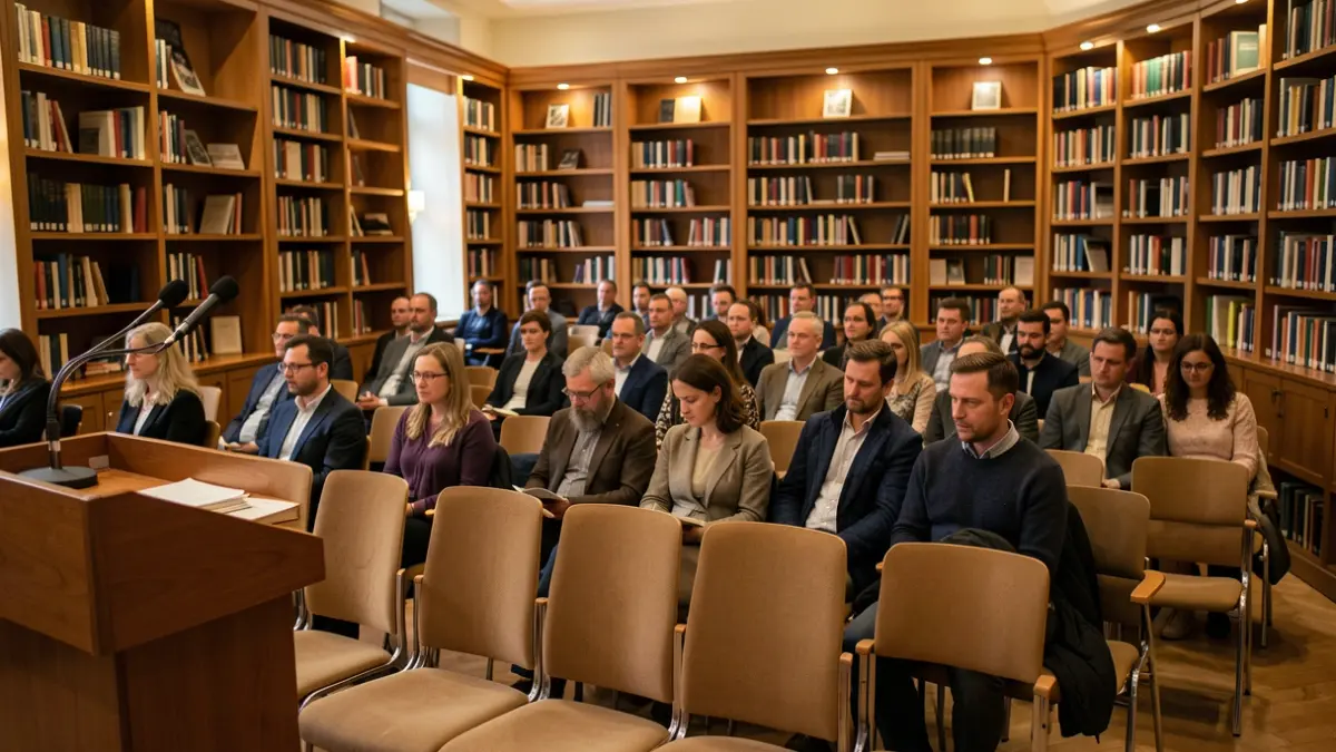 Generic image of an empty library lecture hall with chairs and bookshelves.