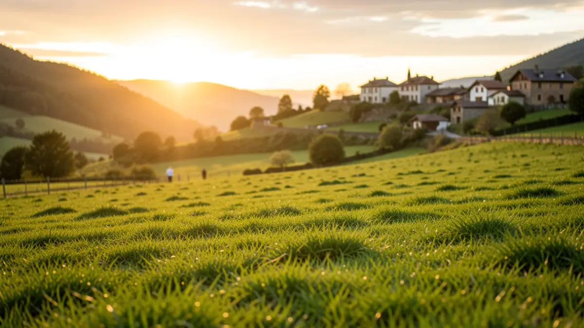 A wide shot of a green grassy field in a Basque Country valley, with a few blurred figures in the distance. The sun is setting, casting a warm golden light over the landscape. Traditional Basque architecture visible on a distant hillside.