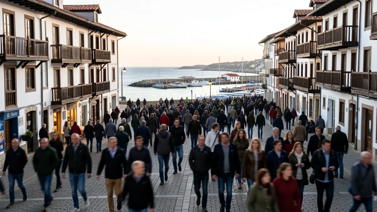 Irudi generikoa Euskal Herriko kostaldeko herri bateko plaza batena, jende pilarekin.