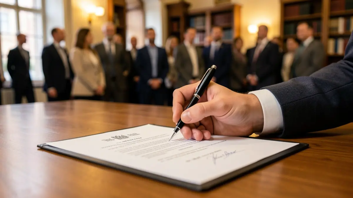 Imagen genérica de una mano firmando un documento en un escritorio de oficina, con luz cálida.