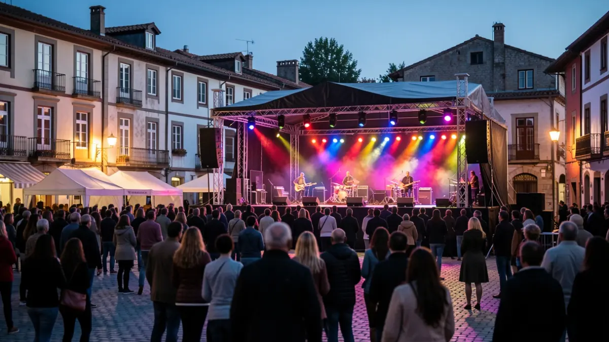 Irudi generikoa: Euskal Herriko plaza batean arratsaldeko argitan argiztatutako musika jaialdi baten eszenatokia, jendearen siluetak atzealdean.