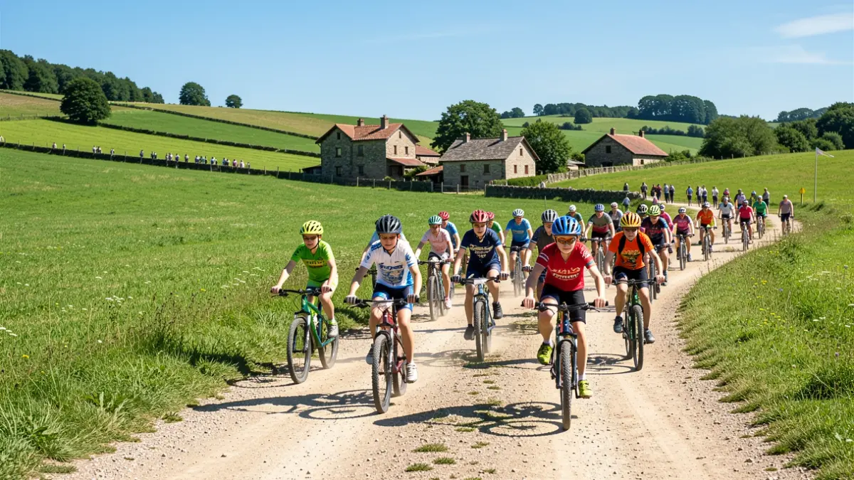 A group of young cyclists on a bike ride in the Alegia circuit.