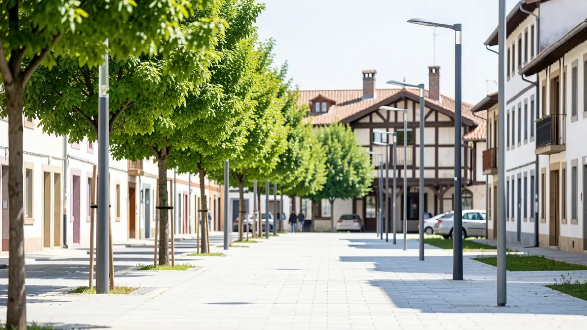 Image of a new pedestrian walkway with trees and lighting.