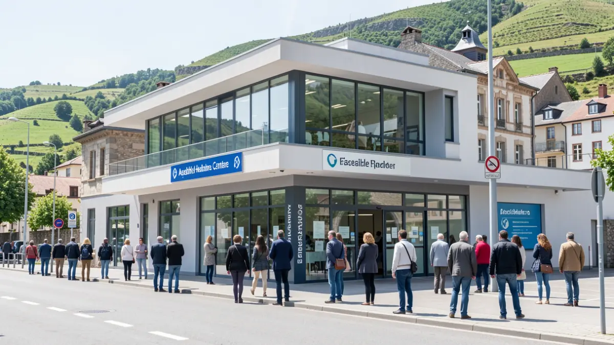 Generic image: Exterior view of a modern healthcare center in Irun, featuring Basque architecture and a natural setting.