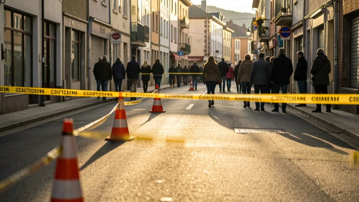 Generic image: Empty street in Irun with yellow caution tape and blurred traffic cones, indicating road closures. Warm afternoon sunlight.