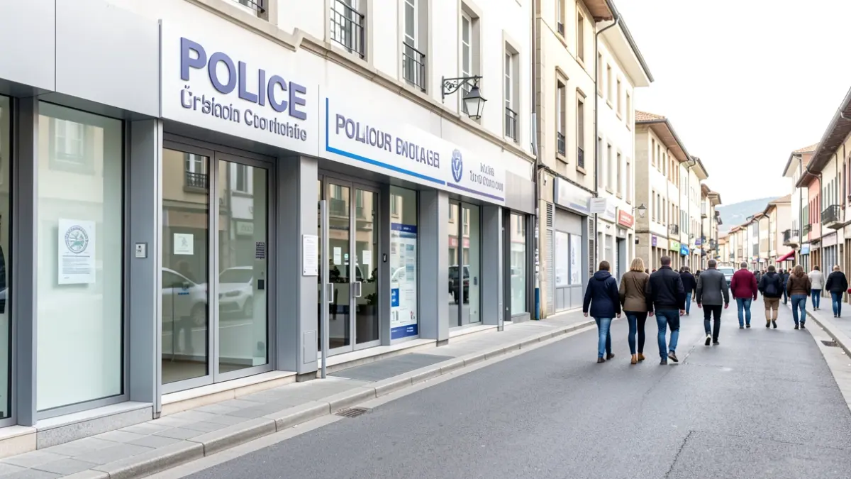 Generic image of a modern police station facade, bright and community-oriented.