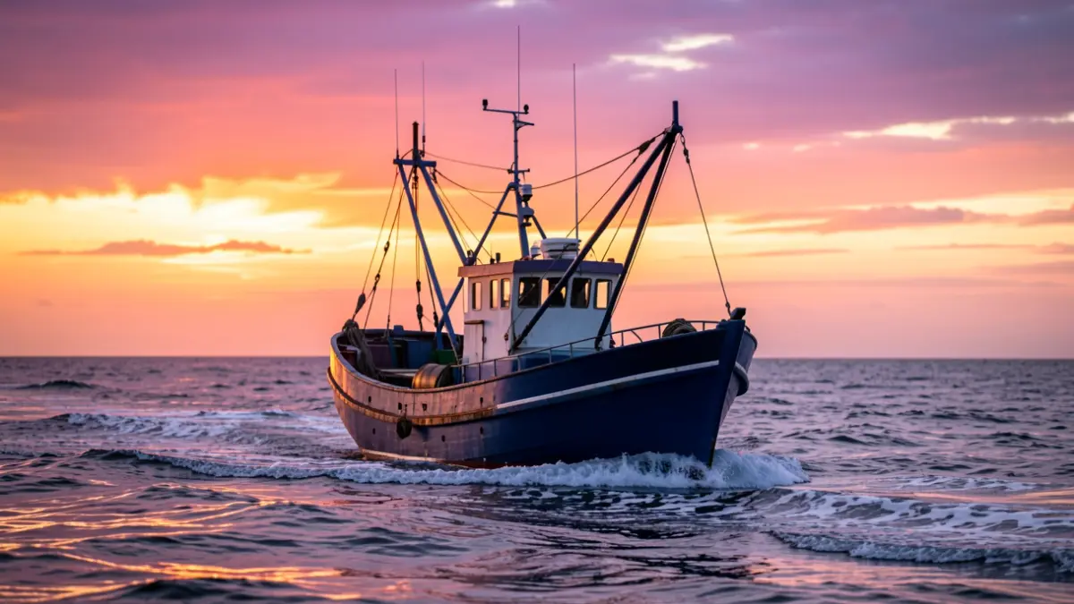 A fishing boat at sea during sunset.