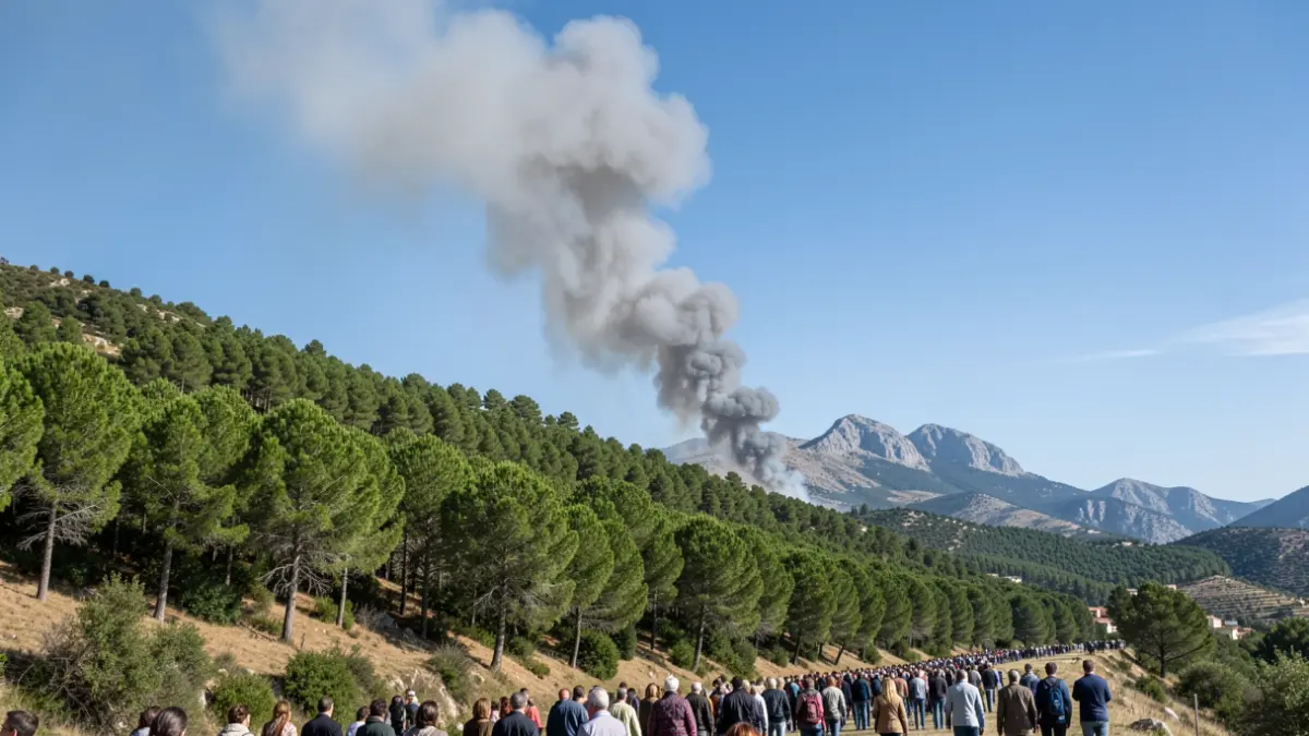 Basoko sute baten ke-zutabea, mendi berde baten gainean.