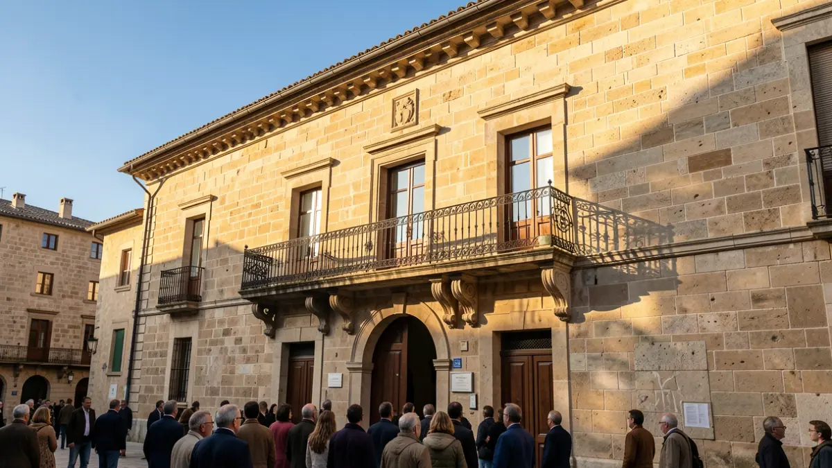 Generic image of a stone town hall facade in Vitoria-Gasteiz with a balcony and iron railings, in afternoon sunlight.