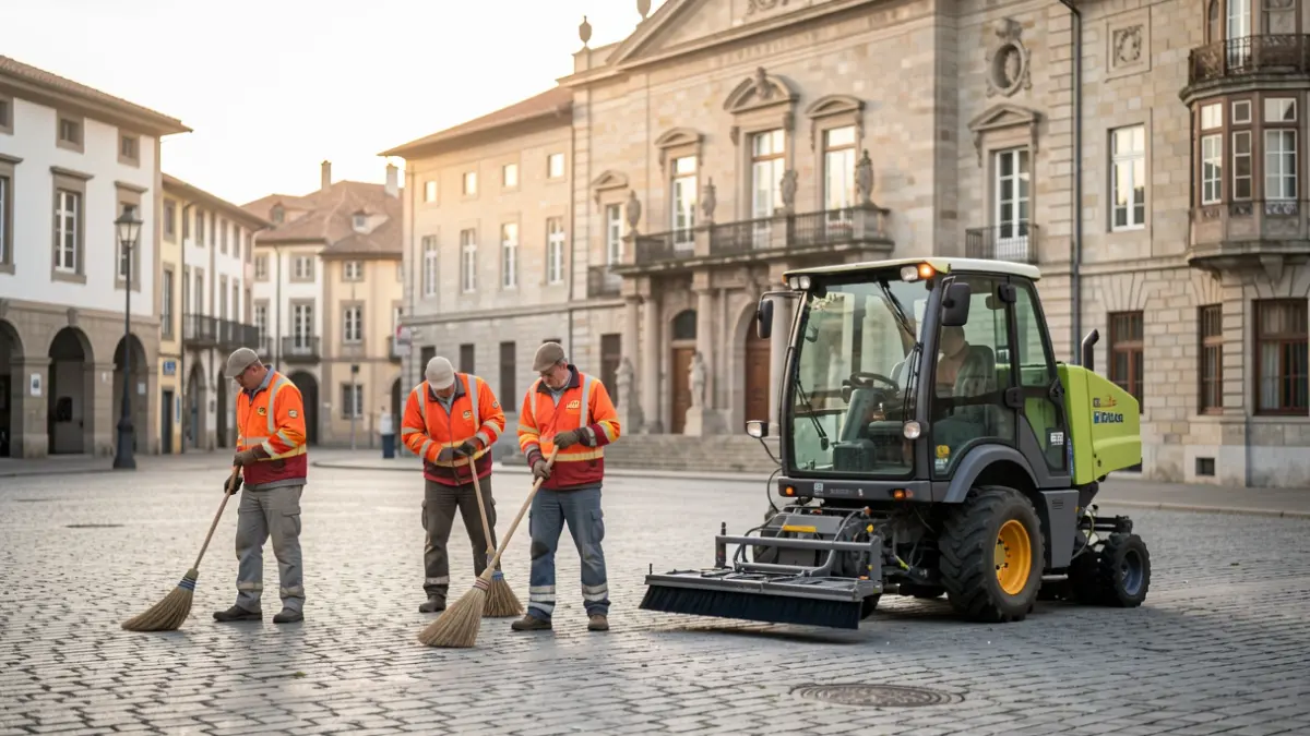 Equipo de limpieza municipal de Vitoria-Gasteiz trabajando en una plaza al amanecer con luz natural.