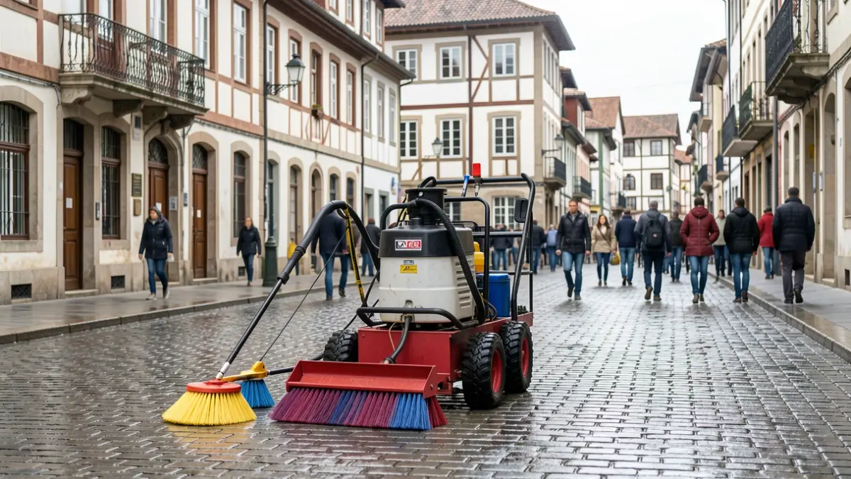 Equipos de limpieza de calles de Vitoria-Gasteiz trabajando en una calle adoquinada húmeda, con arquitectura tradicional vasca al fondo.