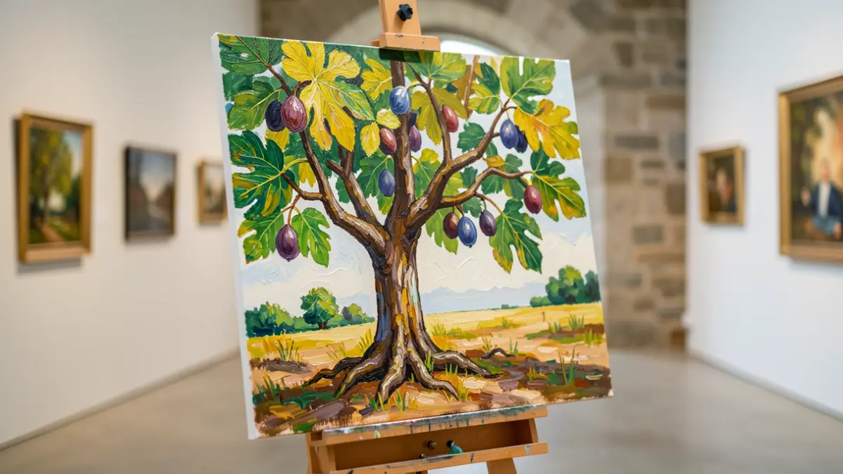 Generic image of a painting depicting a fig tree, with vibrant colors and textured brushstrokes. The artwork is displayed in a well-lit exhibition hall.