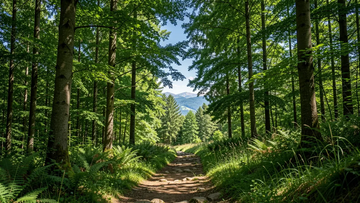 Un camino verde a través del bosque, con el sol filtrándose entre las hojas.