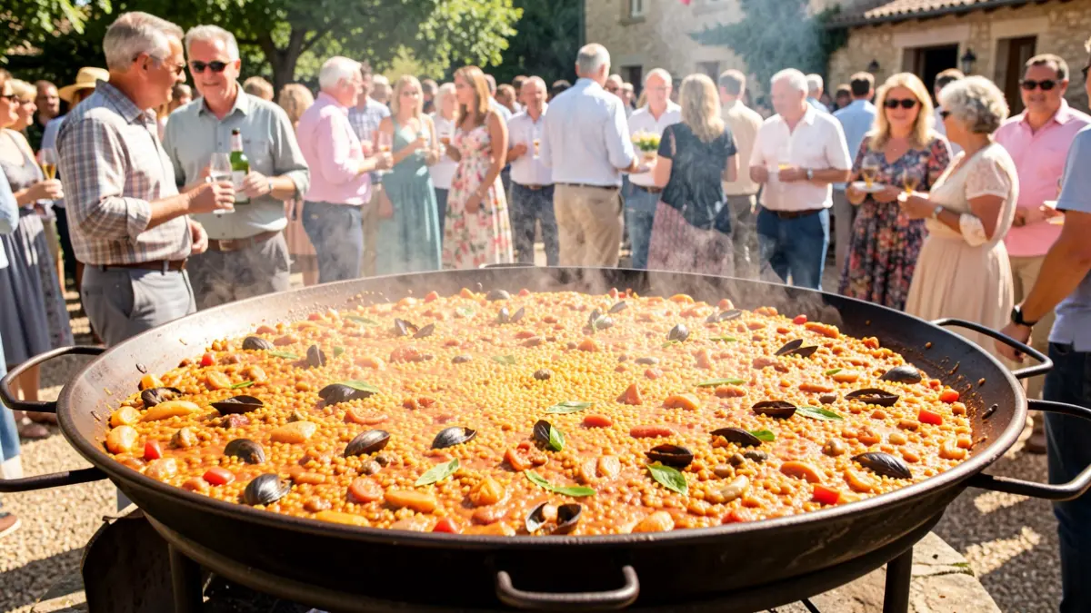 Imagen genérica: mucha gente reunida en un área común donde se prepara una paella, durante el día.