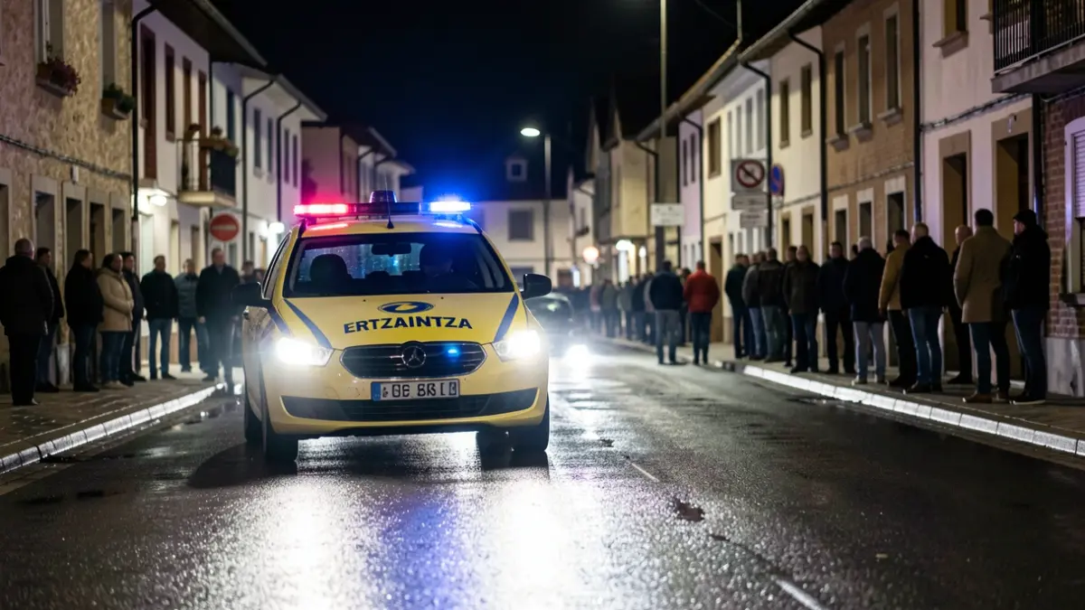 Generic image: Ertzaintza lights reflecting on wet asphalt at night.