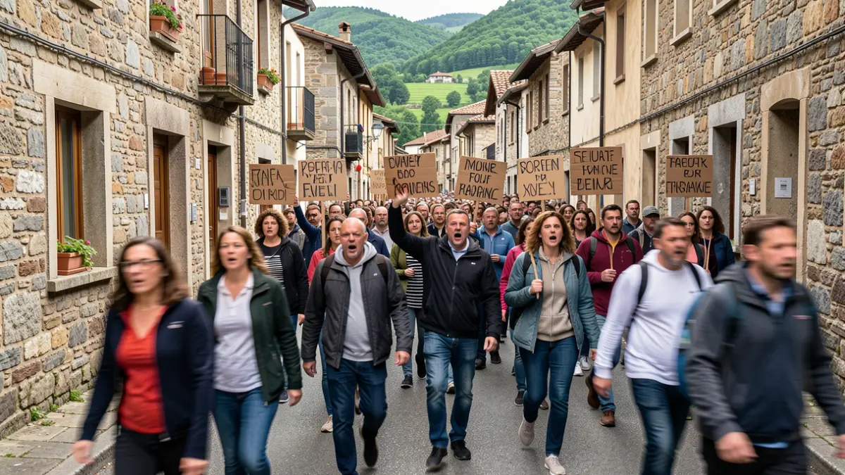 A large protest march in the streets of Lezo against port activities.