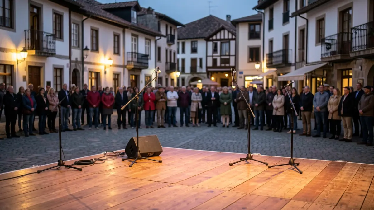Imagen genérica: Escenario de bertsolaris en una plaza de Zarautz al atardecer, con luces cálidas iluminando la plataforma y los micrófonos.