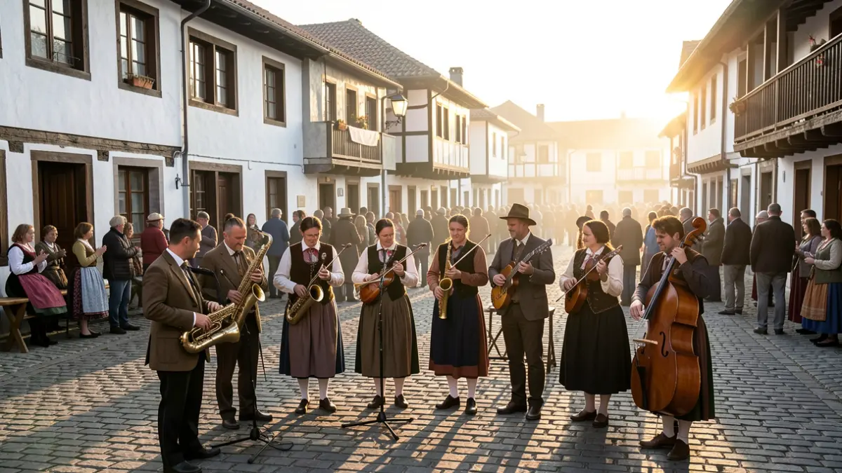 Generic image: A Basque txaranga band playing in a town square at dawn.