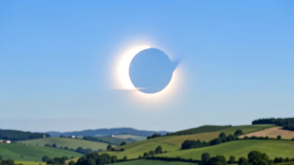 Eguzki eklipse bat irudikatzen duen zeru urdin argia, Euskal Herriko zelai berdeekin.
