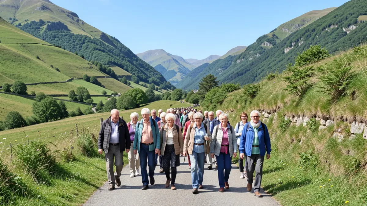 Imagen genérica: Un grupo de personas mayores en una ruta de senderismo por paisajes verdes del País Vasco.
