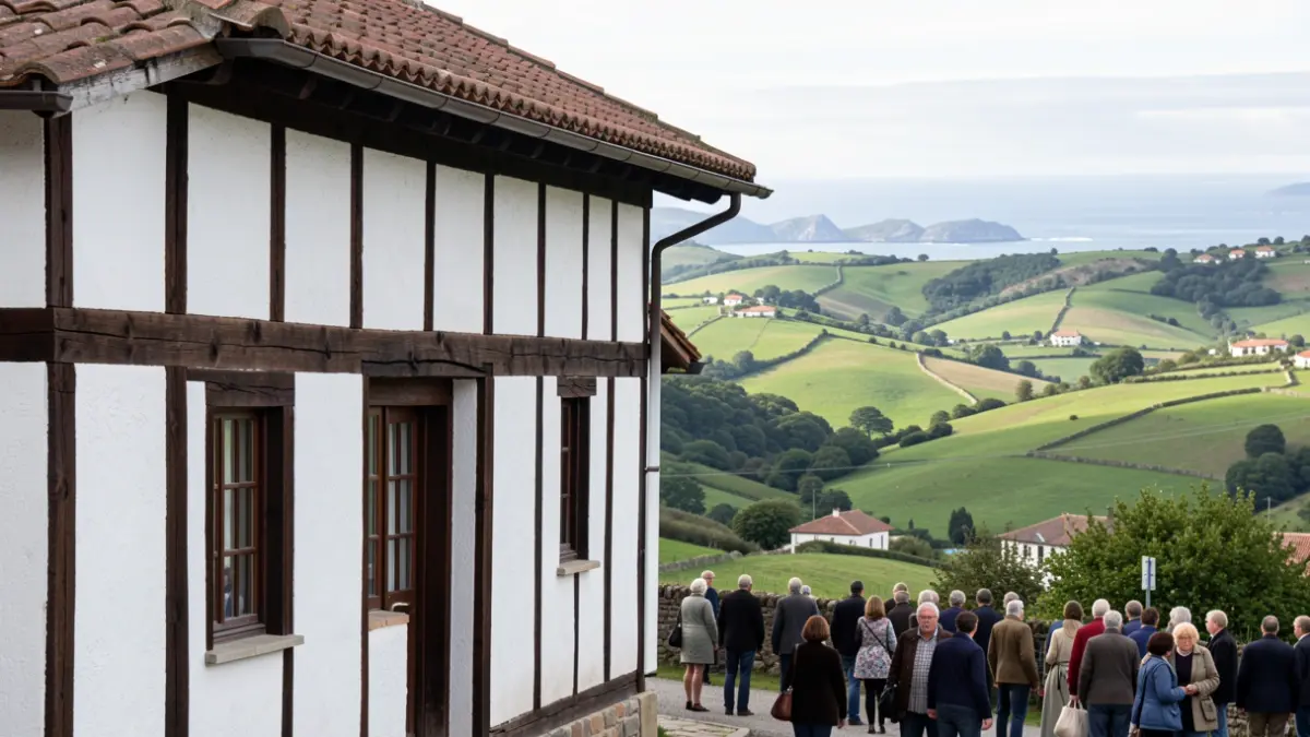 Facade of a traditional Basque house with white walls and dark wood beams, set against a backdrop of green rolling hills and a glimpse of the Cantabrian coast.