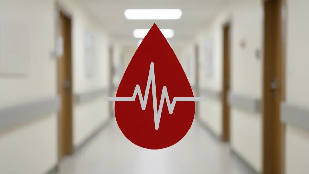 Icon of a blood drop against a blurred hospital corridor background.