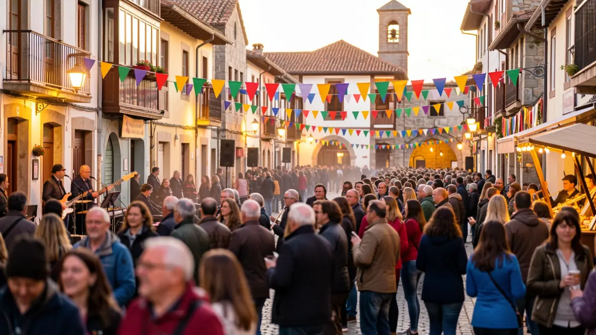Imagen genérica: Una escena callejera vibrante en Oiartzun durante un festival, con coloridas pancartas y una multitud borrosa disfrutando de la música.