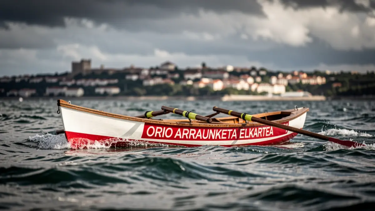 Embarcación del Orio Arraunketa Elkartea en aguas agitadas, con la costa de Hondarribia al fondo.