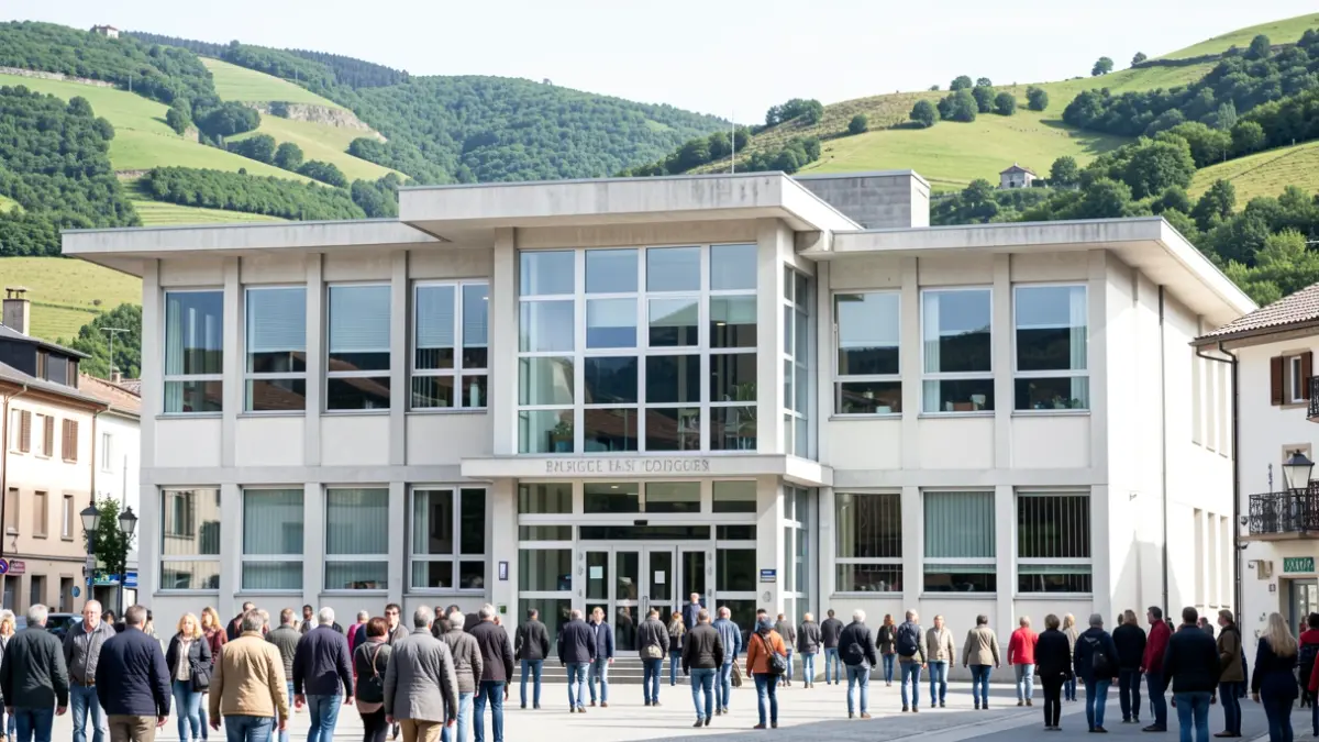 Generic image: Modern facade of the Ortuella town hall, with green hills in the background.