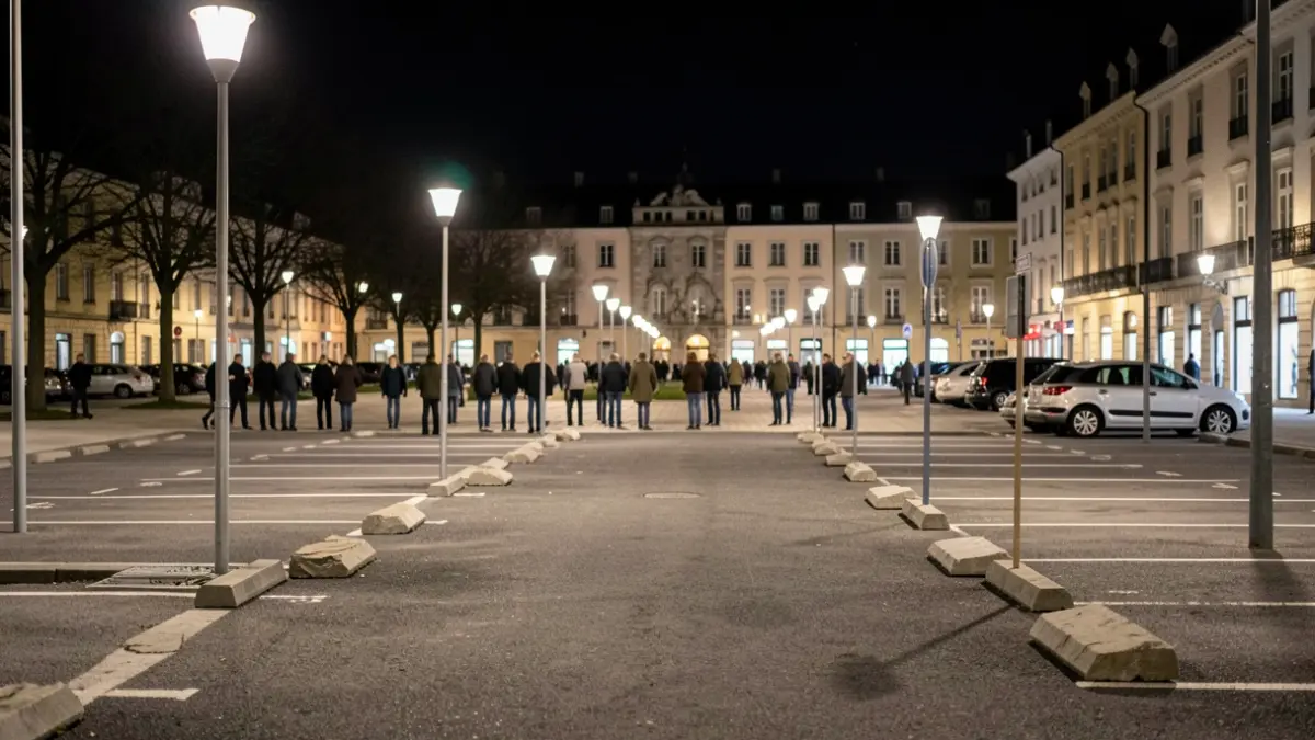 Irudi generikoa: behin-behineko gaueko aparkalekua plaza batean, argi lausoak.