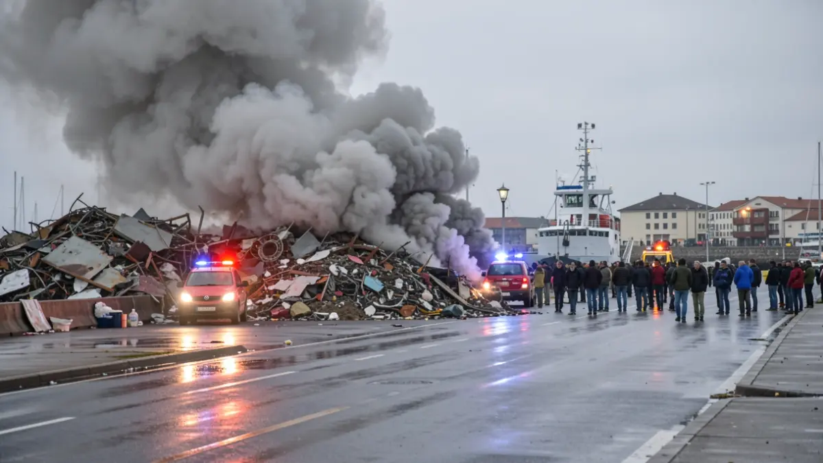 Thick, visible grey smoke from a fire in a pile of scrap metal in the port of Pasaia, with red and blue emergency lights reflecting on wet asphalt.