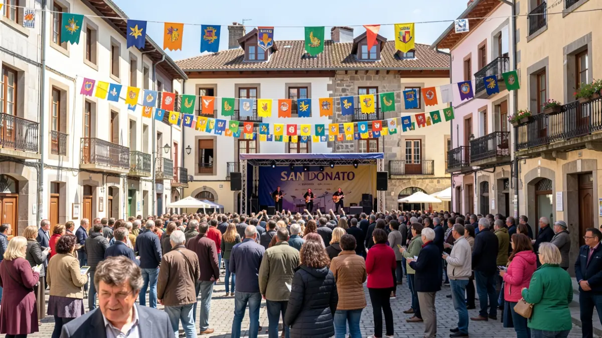 Aia-ko San Donato eguneko jai giroa, plazan jendea eta ekitaldiak.