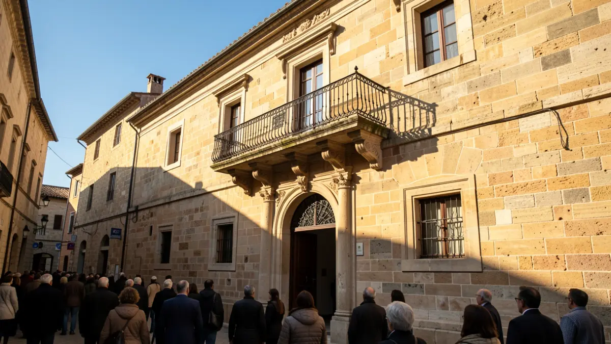 Imagen genérica: Fachada de piedra del ayuntamiento de Elgoibar con balcón y barandillas, cálida luz de tarde.