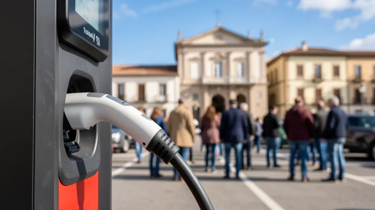 Tolosa udaletxearen parean dagoen aparkaleku publiko batean ibilgailu elektriko bat kargatzen ari den kablearen hurbileko irudia.