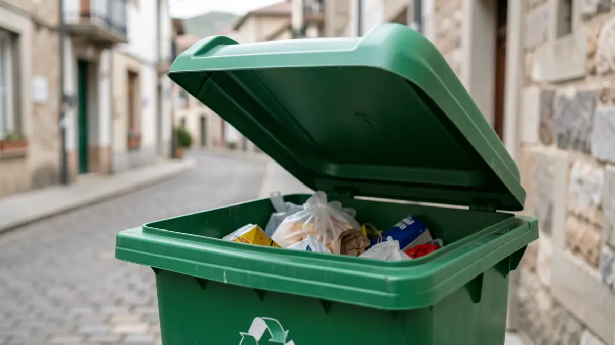 Close-up image of a green container with incorrectly sorted waste, in the blurred background of a street in a Basque town.