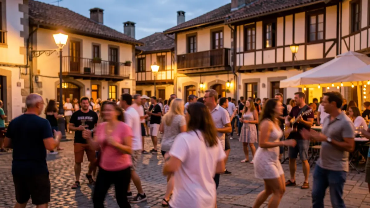 Imagen genérica: Escena de gente bailando en una plaza de Zarautz con luz de atardecer.