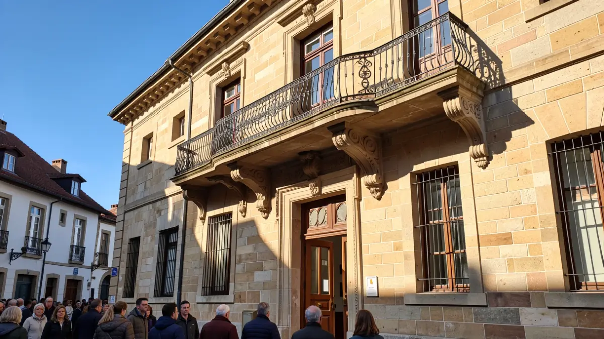 Imagen genérica: Fachada de un ayuntamiento vasco de piedra con balcón y barandillas ornamentadas, luz cálida de la tarde proyectando sombras, cielo azul.