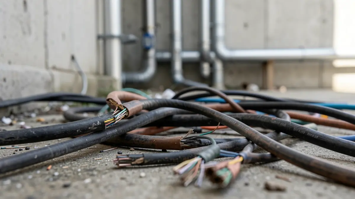 Close-up of damaged electrical cables, with blurred industrial pipes and concrete walls in the background.