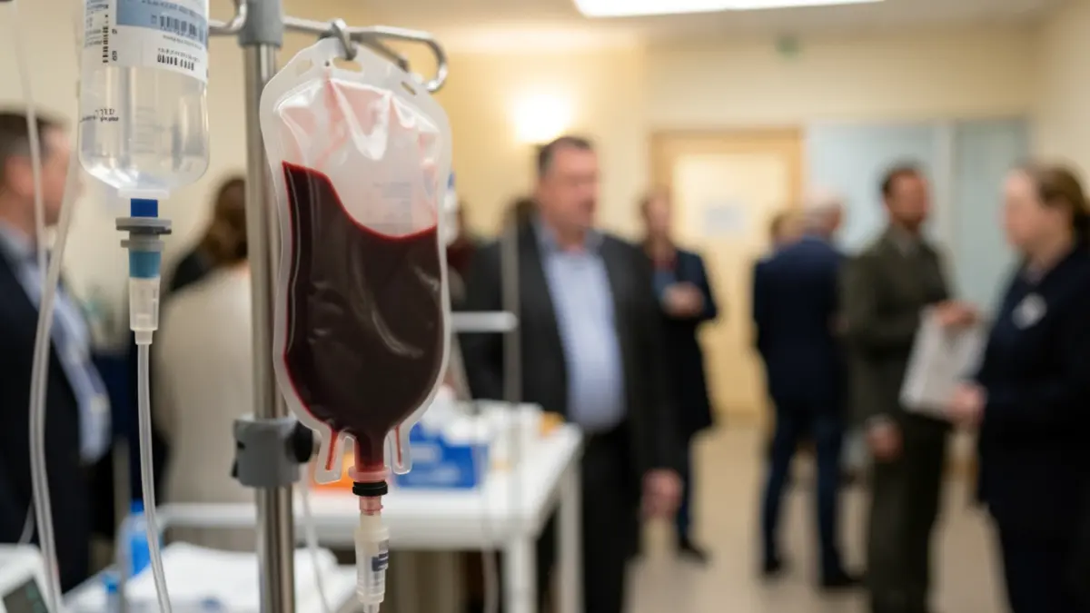 Imagen de primer plano de una bolsa de plasma, con equipo médico estéril al fondo.