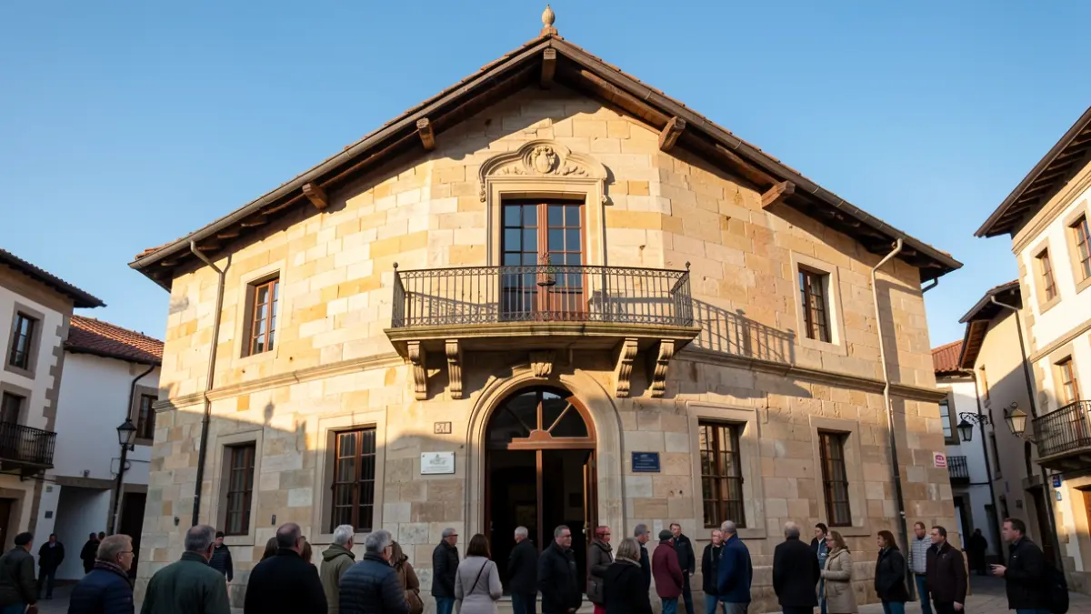 Stone facade of the Usurbil Town Hall with a balcony and iron railings, warm afternoon sunlight.