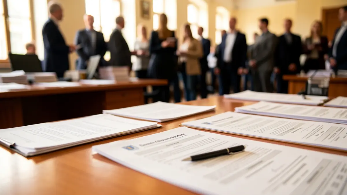 Close-up image of a municipal desk with official documents and a pen.